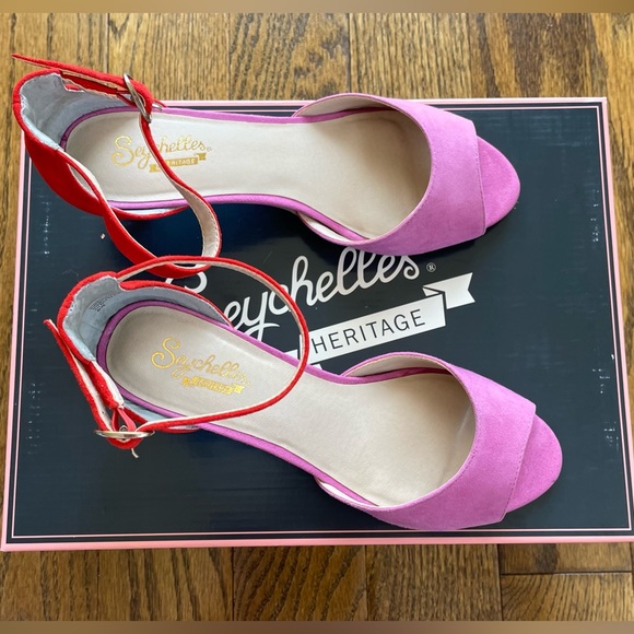 Seychelles Hazel Fuchsia and Red Suede Leather Ankle Strap Heels - Picture 8 of 12